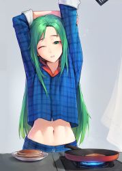 Rule 34 | 1girl, absurdres, alaskastomatoez, arms up, blue pajamas, commission, contemporary, cooking, fire emblem, fire emblem: path of radiance, fire emblem: radiant dawn, food, green eyes, green hair, highres, long hair, long sleeves, midriff, navel, nephenee (fire emblem), nintendo, no headwear, no headwear, one eye closed, outstretched arms, pajamas, pancake, pixiv commission, simple background, sleepwear, solo