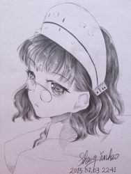 Rule 34 | 10s, 1girl, absurdres, bad id, bad pixiv id, capelet, female focus, glasses, graphite (medium), hat, headdress, highres, kantai collection, kumo hulan, monochrome, pencil, roma (kancolle), solo, traditional media, upper body