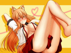 Rule 34 | 1girl, animal ear fluff, animal ears, barefoot, blouse, blush, breasts, covered erect nipples, fate/extra, fate/extra ccc, fate/extra ccc fox tail, fate/grand order, fate (series), fox ears, fox tail, long hair, no bra, no panties, open clothes, open shirt, orange hair, shirt, skirt, smile, solo, suzuka gozen (fate), tail, tongue, tongue out, yellow background, yellow eyes