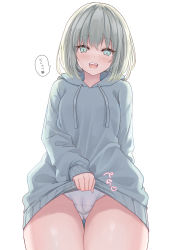 Rule 34 | 1girl, :d, absurdres, arm behind back, blush, cameltoe, clothes lift, cowboy shot, drawstring, fang, fingernails, from below, grey eyes, grey hair, grey hoodie, hayashi takeo, heart, highres, hood, hood down, hoodie, hoodie lift, lifted by self, long sleeves, looking at viewer, medium hair, no pants, open mouth, original, panties, shiny skin, simple background, smile, solo, speech bubble, spoken heart, standing, talking, thigh gap, thighs, translated, underwear, white background, white panties