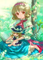 Rule 34 | 1girl, alice margatroid, ama-tou, blonde hair, book, capelet, character doll, dappled sunlight, doll, female focus, flower, hairband, hat, highres, ivy, kirisame marisa, lily of the valley, no socks, orange eyes, outdoors, shade, short hair, sitting, solo, sunlight, touhou, tree, tree shade, under tree, wariza, witch hat