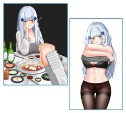 Rule 34 | 1girl, alcohol, alternate costume, arm behind back, black background, black bra, black panties, black pantyhose, blue border, blue hair, blush, border, bottle, bow, bow bra, bra, breasts, cardigan, clothes lift, feet out of frame, food, girls&#039; frontline, green eyes, grey shirt, hair ornament, hairclip, hand in own hair, hand on own cheek, hand on own face, highres, hk416 (girls&#039; frontline), long hair, looking at viewer, medium breasts, navel, open cardigan, open clothes, open mouth, paaam, panties, panties under pantyhose, pantyhose, red bow, shirt, shirt lift, sitting, solo, standing, table, teardrop facial mark, teardrop tattoo, underwear, white background, white cardigan