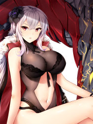 Rule 34 | 1girl, azur lane, black one-piece swimsuit, bracelet, breasts, cleavage, clothing cutout, flower, fur trim, graf zeppelin (azur lane), graf zeppelin (beachside urd) (azur lane), hair between eyes, hair flower, hair ornament, highres, jacket, jacket on shoulders, jewelry, lace, large breasts, long hair, looking at viewer, lying, midriff, navel, navel cutout, on back, one-piece swimsuit, red eyes, revealing clothes, see-through, silver hair, sitting, sleeveless, solo, stomach, swimsuit, wsman
