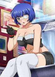 Rule 34 | 1girl, alternate costume, bare shoulders, black gloves, black shorts, blue hair, blunt bangs, bob cut, breasts, cleavage, collarbone, eyepatch, gloves, green eyes, ikkitousen, indoors, large breasts, midriff, mole, mole under mouth, museum, open mouth, ryomou shimei, shiny skin, short hair, short shorts, shorts, sitting, solo, stomach, strapless, thighhighs, white thighhighs, zettai ryouiki