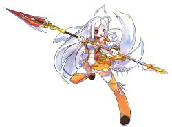 Rule 34 | 1girl, absurdres, ahoge, ara han, ara han (celestial fox), detached sleeves, elsword, facial mark, fox tail, full body, highres, holding, holding weapon, long hair, official art, open mouth, polearm, red eyes, ress, ribbon, silver hair, solo, tail, thighhighs, transparent background, weapon, white ribbon, white thighhighs