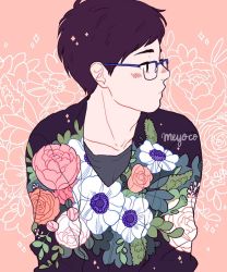 Rule 34 | 1boy, artist name, bad id, bad instagram id, black hair, blue-framed eyewear, collarbone, expressionless, floral background, floral print, flower, glasses, highres, katsuki yuuri, leaf, looking to the side, male focus, meyoco, pink background, pink flower, print shirt, profile, shirt, short hair, solo, sparkle, unmoving pattern, upper body, white flower, yuri!!! on ice