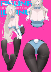 Rule 34 | 1girl, absurdres, animal ears, ass, asuna (blue archive), asuna (bunny) (blue archive), black pantyhose, blue archive, blue bow, blue eyes, blue leotard, blue ribbon, blush, bow, breasts, character name, cleavage, collarbone, detached collar, dongye1551, fake animal ears, fake tail, feet, grin, hair over one eye, hair ribbon, halo, highres, large breasts, leotard, light brown hair, long hair, multiple views, pantyhose, rabbit ears, rabbit hole (vocaloid), rabbit tail, ribbon, smile, soles, strapless, strapless leotard, tail