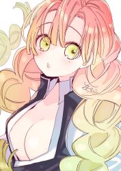 Rule 34 | 1girl, absurdres, black jacket, blush, braid, breasts, cleavage, commentary request, gradient hair, green eyes, green hair, hair between eyes, highres, jacket, kanroji mitsuri, kimetsu no yaiba, long hair, looking at viewer, medium breasts, mole, mole under eye, multicolored hair, no bra, open clothes, open jacket, open shirt, parted lips, pink hair, shirt, simple background, sofra, solo, teeth, twin braids, upper body, upper teeth only, white background, white shirt