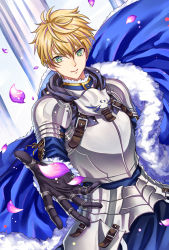 Rule 34 | 1boy, armor, arthur pendragon (fate), bishounen, blonde hair, breastplate, cape, excalibur (fate/prototype), fate/prototype, fate/stay night, fate (series), gauntlets, green eyes, highres, lalatia-meai, looking at viewer, male focus, outstretched hand, pauldrons, petals, pillar, shoulder armor, smile, solo