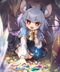Rule 34 | + +, 1girl, :d, animal ears, blue capelet, blurry, blurry background, blurry foreground, bow, bowtie, brown footwear, capelet, cave, commission, crystal, dowsing rod, dress, grey dress, grey hair, highres, holding, jewelry, kneeling, kozakura (dictionary), long sleeves, mouse ears, mouse tail, nazrin, open mouth, pendant, red eyes, short eyebrows, short hair, skeb commission, smile, socks, solo, tail, touhou, treasure, white socks, yellow bow, yellow bowtie