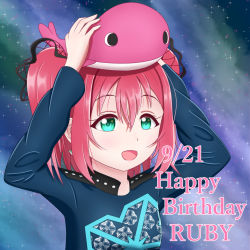 Rule 34 | 1girl, aqua eyes, artist name, artist request, blue shirt, blush, cloud, collarbone, fantastic departure!, female focus, green eyes, hair between eyes, holding, holding stuffed animal, kurosawa ruby, long sleeves, looking at viewer, love live!, love live! school idol festival, love live! sunshine!!, night, night sky, outdoors, parted lips, ran (light 107124), red hair, shirt, short hair, sky, smille, solo, star (sky), stuffed animal, stuffed toy, stuffed whale, twintails, two side up