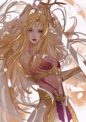 Rule 34 | 1girl, absurdres, armpits, backlighting, blonde hair, blue eyes, closed mouth, dark, douluo dalu, dress, expressionless, hair strand, hand up, highres, holding, holding sword, holding weapon, long hair, looking at viewer, qian renxue (douluo dalu), second-party source, shandian da gui, solo, sword, upper body, weapon, white background, white dress