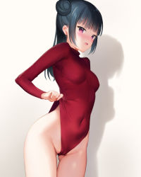Rule 34 | 1girl, bare hips, blue hair, blunt bangs, blush, breasts, cameltoe, cleft of venus, covered navel, cowboy shot, detexted, frontal wedgie, gluteal fold, hair bun, heattech leotard, highleg, highleg leotard, highres, leotard, leotard lift, lifted by self, long sleeves, looking at viewer, love live!, love live! sunshine!!, mignon, nose blush, pink eyes, red leotard, side bun, single hair bun, single side bun, small breasts, solo, thigh gap, third-party edit, tsushima yoshiko, turtleneck, wedgie