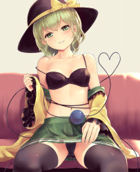 Rule 34 | 1girl, black bra, black hat, black panties, black thighhighs, blush, bow, bra, breasts, collarbone, commentary request, couch, culter, feet out of frame, frilled sleeves, frills, green eyes, green hair, green skirt, hat, hat bow, heart, heart of string, highres, indoors, komeiji koishi, long sleeves, looking at viewer, miniskirt, off shoulder, open clothes, open shirt, panties, pantyshot, parted lips, shirt, short hair, sitting, skirt, small breasts, solo, stomach, strap slip, thighhighs, thighs, third eye, touhou, underwear, wide sleeves, yellow bow