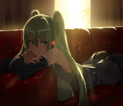 Rule 34 | 1girl, anime coloring, aqua hair, backlighting, bad id, bad pixiv id, bare shoulders, black skirt, couch, crossed arms, curtains, dark, detached sleeves, domo1220, expressionless, glowing, green eyes, grey shirt, hair between eyes, hatsune miku, headphones, highres, indoors, light rays, long hair, looking at viewer, lying, on couch, on stomach, pillow, shirt, skirt, sleeveless, sleeveless shirt, solo, sunlight, twintails, very long hair, vocaloid, window