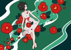 Rule 34 | 1girl, alternate costume, bare arms, bare shoulders, black hair, blush, boku no hero academia, breasts, closed mouth, commentary, dress, english commentary, flower, green background, imjayu, long hair, looking at viewer, ponytail, red flower, smile, solo, standing, white dress, white footwear, yaoyorozu momo