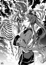 Rule 34 | 1girl, absurdres, ass, black headwear, black shorts, bone, chinese clothes, crying, dated, closed eyes, fire, genshin impact, greyscale, highres, hu tao (genshin impact), long sleeves, monochrome, qingwa chi she, shorts, skeleton, smile, tears, twintails, wide sleeves