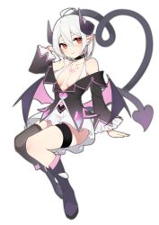 Rule 34 | 1girl, absurdres, ahoge, bare shoulders, black choker, black footwear, black jacket, blush, boots, breasts, brown thighhighs, chest tattoo, chinese commentary, choker, closed mouth, commentary request, demon girl, demon horns, demon tail, demon wings, hair between eyes, halterneck, heart, heart-shaped pupils, heart tail, heart tattoo, highres, horns, invisible chair, jacket, knee boots, long sleeves, low wings, medium breasts, off shoulder, original, pointy ears, red eyes, short hair, silver hair, simple background, single thighhigh, sitting, skirt, smile, solo, symbol-shaped pupils, tail, tattoo, thigh strap, thighhighs, wendao, white background, white skirt, wide sleeves, wings