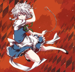 Rule 34 | 1girl, absurdres, apron, between fingers, braid, chain, female focus, highres, holding, izayoi sakuya, knife, maid, maid apron, maid headdress, meso, pocket watch, ribbon, short hair, silver hair, solo, stopwatch, throwing knife, touhou, twin braids, watch, weapon