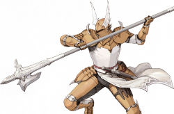 Rule 34 | 1other, ambiguous gender, armor, dragoon (tactics ogre), fuji (d38635s10), gauntlets, helmet, holding, holding spear, holding weapon, polearm, sheath, sheathed, shoulder armor, spear, sword, tactics ogre, weapon, white background