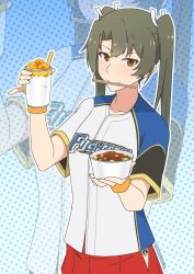 Rule 34 | 1girl, baseball jersey, blue background, brown eyes, chopsticks, chopsticks in mouth, food, gradient background, green hair, highres, jersey, kantai collection, mouth hold, pinky out, pleated skirt, polka dot, polka dot background, side slit, skirt, solo, takaman (gaffe), twintails, upper body, wristband, zoom layer, zuikaku (kancolle)