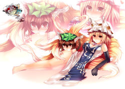 Rule 34 | 2girls, animal ear fluff, animal ears, barefoot, blonde hair, breasts, brown eyes, brown hair, cat ears, cat girl, cat tail, chen, cleavage, cleavage cutout, clothing cutout, elbow gloves, female focus, fox tail, gloves, hat, highres, legs, mamuru, multiple girls, multiple tails, short hair, surcoat, tail, touhou, yakumo ran, yellow eyes, zoom layer