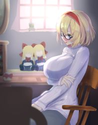 Rule 34 | 1girl, absurdres, alice margatroid, alternate costume, bespectacled, black-framed eyewear, blue eyes, blush, breast hold, breasts, chair, commentary request, from side, glasses, gomeifuku, hairband, highres, hourai doll, indoors, large breasts, long sleeves, medium hair, needle, red hairband, ribbed sweater, shanghai doll, sitting, solo, sweater, table, touhou, turtleneck, turtleneck sweater, white sweater, window