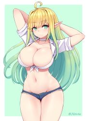 Rule 34 | 1girl, ahoge, arms up, blonde hair, breasts, choker, cleavage, collarbone, commentary request, cowboy shot, crop top, cutoffs, denim, denim shorts, elf, elven forest maker, elven forest maker (last origin), front-tie top, gradient hair, green background, green eyes, green hair, groin, hair intakes, highres, large breasts, last origin, long hair, looking at viewer, manme, micro shorts, midriff, multicolored hair, navel, open fly, pointy ears, shirt, short sleeves, shorts, sidelocks, smile, solo, standing, stomach, thighs, twitter username, two-tone background, very long hair, white background, white choker, white shirt, wing collar