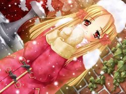 Rule 34 | 1girl, blonde hair, blush, cold, flower, fountain, long hair, red eyes, rose, snow, solo, winter cap, winter clothes