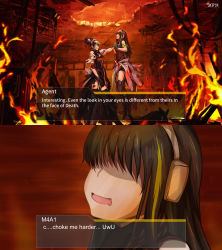 Rule 34 | 2girls, agent (girls&#039; frontline), android, asphyxiation, bare shoulders, black hair, breasts, commentary, destruction, dress, drooling, english commentary, english text, fake screenshot, fire, gameplay mechanics, girls&#039; frontline, headset, highres, iam (nt replicate), lifting another&#039;s clothes, lifting person, m4a1 (girls&#039; frontline), maid, maid headdress, masochism, medium breasts, multicolored hair, multiple girls, sangvis ferri, shaded face, shorts, strangling, torn clothes, torn dress