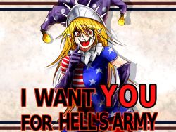 Rule 34 | 1girl, american flag dress, american flag shirt, blonde hair, clownpiece, elbow gloves, english text, gloves, hat, i want you, jester cap, long hair, aged up, parody, pointing, pointing at viewer, pointy ears, purple gloves, red eyes, ryuuichi (f dragon), solo, touhou, very long hair