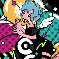 Rule 34 | 1girl, abstract background, angel, angel wings, bare shoulders, black dress, blonde hair, blue eyes, blue hair, breasts, closed mouth, colored tips, commentary request, detached wings, double bun, dress, ear piercing, fishnet thighhighs, fishnets, from side, hair bun, halftone, halo, light blue hair, looking at viewer, looking to the side, machigami yoh, medium hair, multicolored hair, multicolored nails, nail polish, off-shoulder dress, off shoulder, original, piercing, short dress, short sleeves, small breasts, solo, thighhighs, white wings, wings
