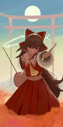 Rule 34 | 1girl, aremen, bare shoulders, blue sky, bow, brown eyes, closed mouth, gohei, hair bow, hakurei reimu, highres, holding, holding gohei, japanese clothes, long hair, looking at viewer, miko, navel, neckerchief, ofuda, one-hour drawing challenge, outdoors, red bow, red shirt, red skirt, shirt, skirt, sky, smoke, solo, sun, touhou, white sleeves, yellow neckerchief