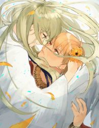 Rule 34 | 1boy, androgynous, blonde hair, bracelet, enkidu (fate), fate/grand order, fate/strange fake, fate (series), floating hair, flower, gilgamesh (fate), glass co, green eyes, green hair, hair flower, hair ornament, hand on another&#039;s head, hug, jewelry, long hair, long sleeves, looking at another, petals, red eyes, robe, short hair, smile, sunflower, sunflower hair ornament, white robe, wide sleeves