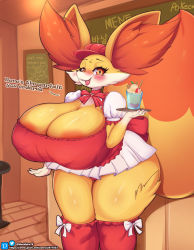 Rule 34 | 1girl, absurdres, animal ears, areola slip, blush, breasts, cleavage, cowboy shot, creatures (company), curvy, fangs, fennekin, fur trim, furry, game freak, gen 6 pokemon, glass, highres, huge breasts, indoors, kyodashiro, looking at viewer, maid, miniskirt, nintendo, open mouth, panties, pleated skirt, pokemon, pokemon (creature), puffy short sleeves, puffy sleeves, red eyes, red panties, red thighhighs, shiny skin, short sleeves, skirt, smile, solo, standing, tail, thick thighs, thighhighs, thighs, tongue, tongue out, underwear, white skirt