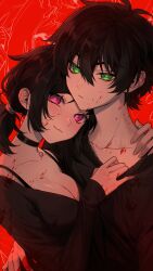 Rule 34 | 1boy, 1girl, absurdres, andrew graves, ashley graves, black collar, black hair, black sweater, blood, blood on face, collar, green eyes, highres, hug, nanin, pale skin, pink eyes, ponytail, red background, siblings, smile, sweater, the coffin of andy and leyley