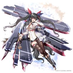 Rule 34 | 1girl, absurdly long hair, abyss horizon, arm strap, black hair, blush, boots, breasts, brown thighhighs, choker, dress, enterprise (abyss horizon), flight deck, hair ribbon, hand on own cheek, hand on own face, holding, jacket, knee boots, large breasts, long hair, long sleeves, looking at viewer, medal, official art, purple ribbon, quad tails, red eyes, red ribbon, ribbon, rigging, rudder footwear, shaded face, short dress, sidelocks, single leg pantyhose, single thighhigh, smile, solo, thighhighs, torn clothes, torn thighhighs, tyone, very long hair, watermark, wrist straps