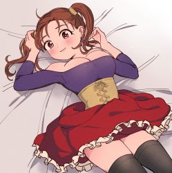 Rule 34 | 1girl, bare shoulders, blush, breasts, brown eyes, brown hair, cleavage, closed mouth, corset, dragon quest, dragon quest viii, dress, earrings, highres, jessica albert, jewelry, large breasts, long hair, looking at viewer, miyama (kannsannn), purple shirt, shirt, smile, solo, thighhighs, twintails