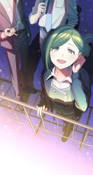 Rule 34 | 1girl, 2boys, amai tsutomu, asymmetrical hair, black cardigan, breasts, business suit, can, canned coffee, cardigan, cigarette, cropped head, drink can, folded ponytail, formal, green eyes, green hair, green vest, highres, holding, holding cigarette, idolmaster, idolmaster shiny colors, long hair, looking up, medium breasts, multiple boys, nanakusa hazuki, necktie, official art, open mouth, pants, pantyhose, parted bangs, producer (idolmaster), shirt, single sidelock, skirt, smile, smoke, smoking, solo focus, suit, tareme, vest, yorude guutarou