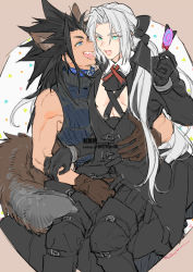 Rule 34 | 2boys, alternate hairstyle, animal collar, animal ears, aqua eyes, arm around waist, bare shoulders, between legs, black gloves, black hair, black jacket, black pants, black ribbon, blue collar, blue eyes, blue shirt, brown gloves, candy, chest strap, collar, cowboy shot, cross tie, fangs, final fantasy, final fantasy vii, food, gloves, grey background, grey hair, hair ribbon, hair slicked back, halloween, halloween costume, hand between legs, hand on another&#039;s arm, happy halloween, holding, holding candy, holding food, holding lollipop, jacket, kemonomimi mode, lollipop, long bangs, long hair, long jacket, long sleeves, looking at another, male focus, multiple boys, muscular, muscular male, open mouth, pants, parted bangs, ponytail, ribbon, sephiroth, shirt, sitting, sitting on lap, sitting on person, sleeveless, sleeveless turtleneck, smile, spiked hair, tail, thigh strap, toujou sakana, turtleneck, twitter username, vampire, vampire costume, werewolf costume, wolf boy, wolf ears, wolf tail, yaoi, zack fair