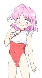 Rule 34 | 1girl, arm at side, blush, covered navel, flat chest, hand up, legs apart, leotard, nonamejd, official style, pink eyes, pink hair, red leotard, sara (touhou), short hair, simple background, smile, solo, standing, touhou, touhou (pc-98), two-tone leotard, white background, white leotard, zun (style)