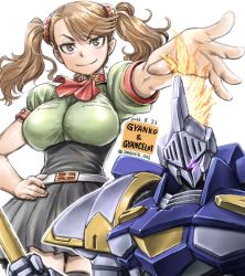Rule 34 | 10s, 1girl, amania orz, belt, breasts, brown eyes, brown hair, dated, gundam, gundam build fighters, gundam build fighters try, gundam build fighters try island wars, gunpla, gyan, gyancelot, hair ornament, hand on own hip, high-waist skirt, large breasts, outstretched arms, sazaki kaoruko, skirt, smile, solo, twintails, twitter username, white background
