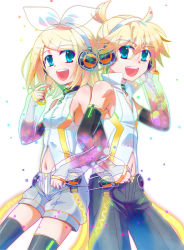 Rule 34 | 1boy, 1girl, aqua eyes, arihara ema, bass clef, blonde hair, breasts, brother and sister, elbow gloves, gloves, headset, kagamine len, kagamine rin, navel, no pupils, open mouth, short hair, siblings, small breasts, thighhighs, treble clef, vocaloid