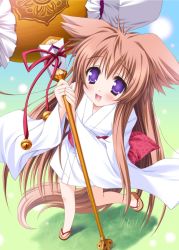 Rule 34 | 00s, animal ears, bell, blush, brown hair, from above, highres, japanese clothes, jingle bell, long hair, mallet, mito mashiro, moekibara fumitake, open mouth, purple eyes, ribbon, sandals, solo, sparkle, tail, tayutama, very long hair, yutaka