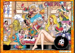 Rule 34 | 2girls, 6+boys, afro, arguing, black hair, blonde hair, blue hair, breasts, brook (one piece), cat, cleaned, cover, fighting, food, franky (one piece), fruit, green hair, hat, house, indoors, large breasts, lying, monkey d. luffy, multiple boys, multiple girls, nami (one piece), navel, nico robin, oda eiichirou, official art, one piece, orange hair, reindeer, roronoa zoro, sanji (one piece), sitting, skeleton, stomach, straw hat, thighs, tony tony chopper, towel, usopp, watermelon