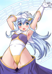 Rule 34 | 10s, 1girl, arm up, armpits, ass, blue eyes, blue hair, breasts, cameltoe, clothes pull, commentary request, cosplay, covered erect nipples, covered navel, gloves, gluteal fold, gundam, gundam build divers, gundam seed, gundam seed destiny, hair intakes, hair ornament, highleg, highleg leotard, leotard, light blue hair, long hair, meer campbell, meer campbell (cosplay), navel, open mouth, partially visible vulva, sara (gundam build divers), showgirl skirt, skin tight, skirt, skirt pull, small breasts, smile, solo, star (symbol), star hair ornament, thighs, thong, thong leotard, white gloves, yukimura hajime