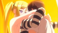 Rule 34 | 1boy, 1girl, animated, animated gif, blonde hair, clothed male nude female, implied sex, kanojo x kanojo x kanojo, nude, orifushi mafuyu, shiki haruomi, spread legs, striped clothes, striped thighhighs, thighhighs, twintails