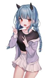 Rule 34 | 1girl, :d, black shirt, blue hair, blush, bow, braid, breasts, collarbone, cowboy shot, dan lang, double w, grey jacket, hair bow, hair intakes, hands up, highres, horns, jacket, long hair, long sleeves, looking at viewer, medium breasts, midriff, miniskirt, off shoulder, open clothes, open jacket, open mouth, original, pleated skirt, red eyes, shirt, sidelocks, simple background, skirt, smile, solo, standing, thighs, twintails, v-shaped eyebrows, w, white background, white bow, white skirt