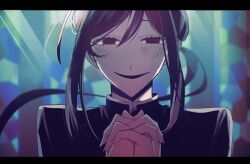 Rule 34 | 1boy, black eyes, black hair, cassock, hair between eyes, interlocked fingers, kuzuzu4, long hair, looking at viewer, open mouth, original, orthodoxia (vocaloid), own hands clasped, own hands together, ponytail, praying, sidelocks, smile, solo, straight-on, tadashi kunai, turtleneck, upper body, very long hair, vocaloid