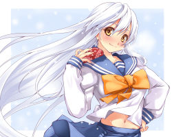 Rule 34 | 1girl, alric, alstroemeria (flower knight girl), blue background, blue skirt, bow, cowboy shot, flower knight girl, gift, hand on own hip, light particles, long hair, looking at viewer, school uniform, serafuku, shirt, skirt, smile, solo, valentine, white hair, white shirt, yellow bow, yellow eyes